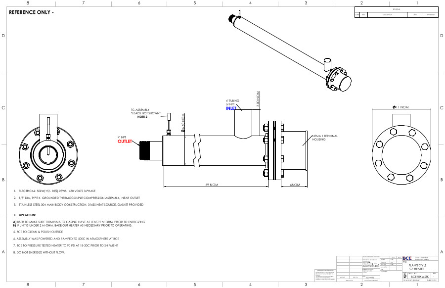 BCE Clean Flow Flange Style Heater Drawing